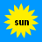 Four identical yellow sun icons with black text 'sun' centered on a solid blue background, arranged in a
