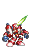 Red and white robot with blue accents and green laser beam, shown in multiple poses including standing, crouching, and firing.