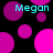 Black background with scattered magenta and pink circles; cyan text 'Megan' appears in four positions across the image.