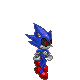 Pixel art of a blue hedgehog character with red shoes and green rings, shown in multiple poses near yellow explosive effects.