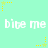 Pixelated icon with light green background, white text reading 'bite me', and yellow star-and-dot corner decorations.