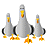Three stylized bird figures with gray bodies, yellow beaks, and orange feet stand against a solid gray background.