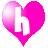 A static image of a bright pink heart-shaped icon with a white lowercase 'h' in the center, surrounded by scattered gray pixelated text fragments on a transparent background.