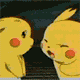 Yellow cartoon character with red cheek circles and pointed ears displays multiple facial expressions and arm movements against dark background.
