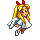 Pixel art angel with blonde hair, red bow, light blue dress, white wings, and pink cheeks in three distinct poses.