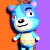 Pixelated blue bear with pink inner ears and white muzzle stands against orange and purple background, green text reads OriginalIcons.com on right.