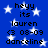 Blue background with white stars, displaying repeated text elements in black pixelated font.