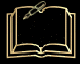 Animated sequence of a golden book frame with text and pen strokes forming 'Angel Paints' against black background.