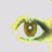 A pixelated close-up of a human eye with a brown iris and visible eyelashes, set against a light gray background.