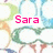 Pixelated icon with pink text 'Sara' over abstract green, blue, and orange shapes on white background.