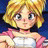 Pixelated anime-style character with blonde hair and pink clothing next to stylized text on a black background.