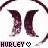 Four dark purple crescent shapes arranged in a circle with pink gradient details, below which are two identical text blocks reading "HURLEY" followed by heart symbols on light pink backgrounds.