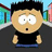Pixelated cartoon character with light skin, black hair, wide eyes, and open mouth wearing black shirt and blue pants against blurred background.