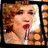 A pixelated image of a person with curly hair holding a microphone, wearing red lipstick and a dark top.