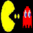 Pixelated yellow Pac-Man, red ghost with blue eyes, and 'GHOST BUSTER' text on black background. Yellow dots between characters.