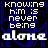 identical pixelated text icons with 'knowing him is never being alone' in white and blue on a dark background, each icon showing subtle color variations across repeated