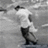 Black-and-white image of a person in motion on left, red background with text "Miss You..." and vertical line on right.
