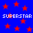 Blue background with red stars and repeated white text reading SUPERSTAR in pixelated font.