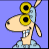 Pixelated cartoon character with large yellow circular eyes, light blue clothing, and a raised arm against solid purple background.