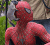 Spider-Man in red and blue costume with web pattern, standing outdoors with green grass and beige-shirted figures behind him.