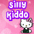 Pixelated pink background with two Hello Kitty figures, purple text 'silly kiddo', and a heart symbol.