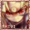 Pixelated anime-style character with red eyes and blonde hair, wearing a brown headband with circular emblem, displayed in four
