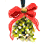 A pixelated holiday ornament with a red bow tied around its green foliage, suspended by a dark string against white background.