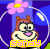 Pixelated cartoon squirrel character inside a bubble with pink flower, yellow text 'sandy' below, blue and purple background in animated contact sheet frames.