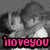 Four grayscale show a couple kissing with text 'i love you' in pink, orange, yellow, and green below each