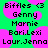 Green background with pink circular shapes and pixelated text listing names: Biffles (3), Genny, Marnie, Bori.Lexi, Laur.Jenna.
