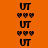 Orange background with repeated black 'UT' text and three heart symbols per , some partially obscured by white horizontal bars