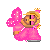 Pixel art contact sheet showing two frames of a pink fairy doll character with blonde hair, crown, and wings in different poses against white background.