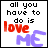 A 4x4 contact sheet of animated frames showing a pixelated text-based icon with the phrase "all you have to do is love ME" in black, red, and purple letters on white background.