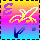 Pixelated of six distinct buddy icons with gradient backgrounds, featuring stylized symbols, a cartoon character, and a banana, each marked with a purple 'E' in the corner