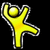 Yellow stick figure with white outline holding a yellow sphere above head, standing on black background with one leg extended outward.