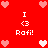 Red background with repeated white and pink heart icons and text "I <3 Rafi!" in pixelated font.