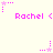 Pixelated pink text 'Rachel' with left-pointing arrow appears in multiple positions on a light background, surrounded by pink star and dot patterns.