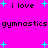 Bright pink background with repeated black text 'i love gymnastics' and cyan plus signs scattered throughout.