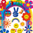 Pixelated static image featuring a central white space surrounded by colorful pixel art elements including blue bunny ears, yellow smiley faces, red flowers with yellow centers, orange sunbursts, and multicolored circular patterns.