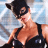 Static 48x48 pixel icon of a woman in black cat-themed costume with mask and ears, red lips, light skin tone, against blue sky background.