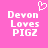 Pixelated pink background with white text reading 'Devon Loves PIGZ' and a pixelated heart symbol above the text on the left side.