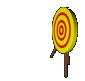 Animated sequence showing an arrow approaching and striking a yellow target with red concentric rings on a gray background.