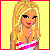 Pixel art contact sheet showing a blonde cartoon woman in pink-and-white striped outfit with multiple poses and text "baby booty call" on yellow background.
