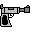Pixel art robot icon in multiple poses with weapon and base forms, gray background.