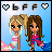 Pixel art contact sheet showing two animated frames of a cartoon girl with blonde and brown hair standing side-by-side against a blue background, with heart and BFF text above them.