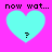 Four identical cyan hearts on bright pink background with black pixelated text 'now wat...' above each heart and a single question mark inside each heart.