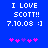 Blue background with white pixelated text reading "I LOVE SCOTT!! 7.10.08 :] " and five pink/purple star-like symbols below.