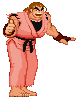 Pixelated character in pink karate uniform with black belt, brown wristbands, and bare feet standing against gray background.