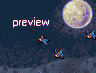 Pixel art scene with 'preview' text, three flying characters under a large moon on dark blue background.