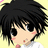 Pixelated anime-style character with black spiky hair and large eyes, set against a red background with text.